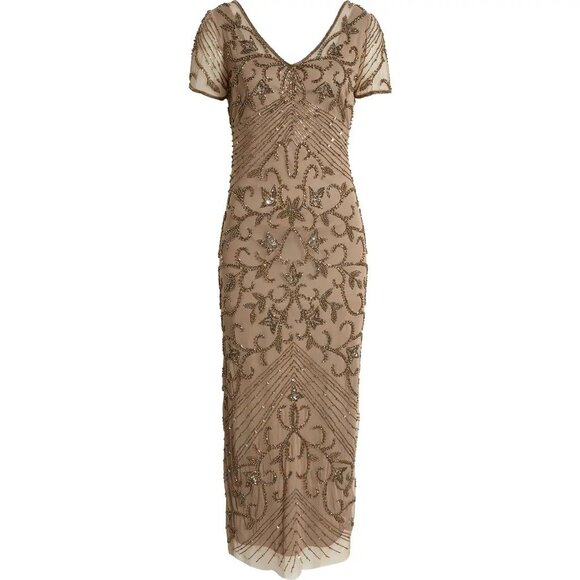 PISARRO NIGHTS Beaded Mesh Column Gown In Oyster size 2 - Picture 2 of 8